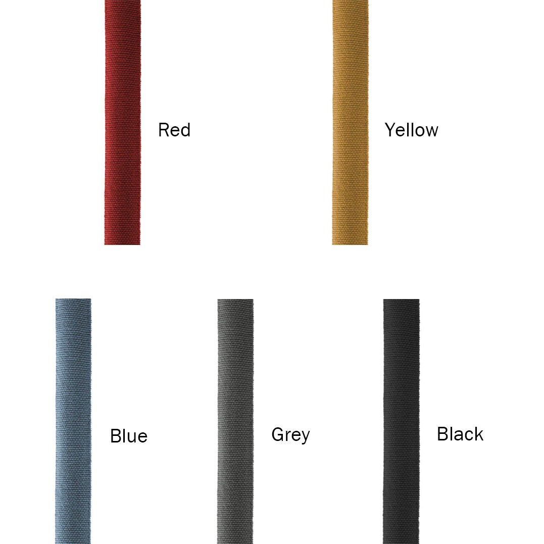 Swatches of the five webbing colours for this Clérachic floor lamp: red, yellow, blue, grey and black, each labelled in the photo.