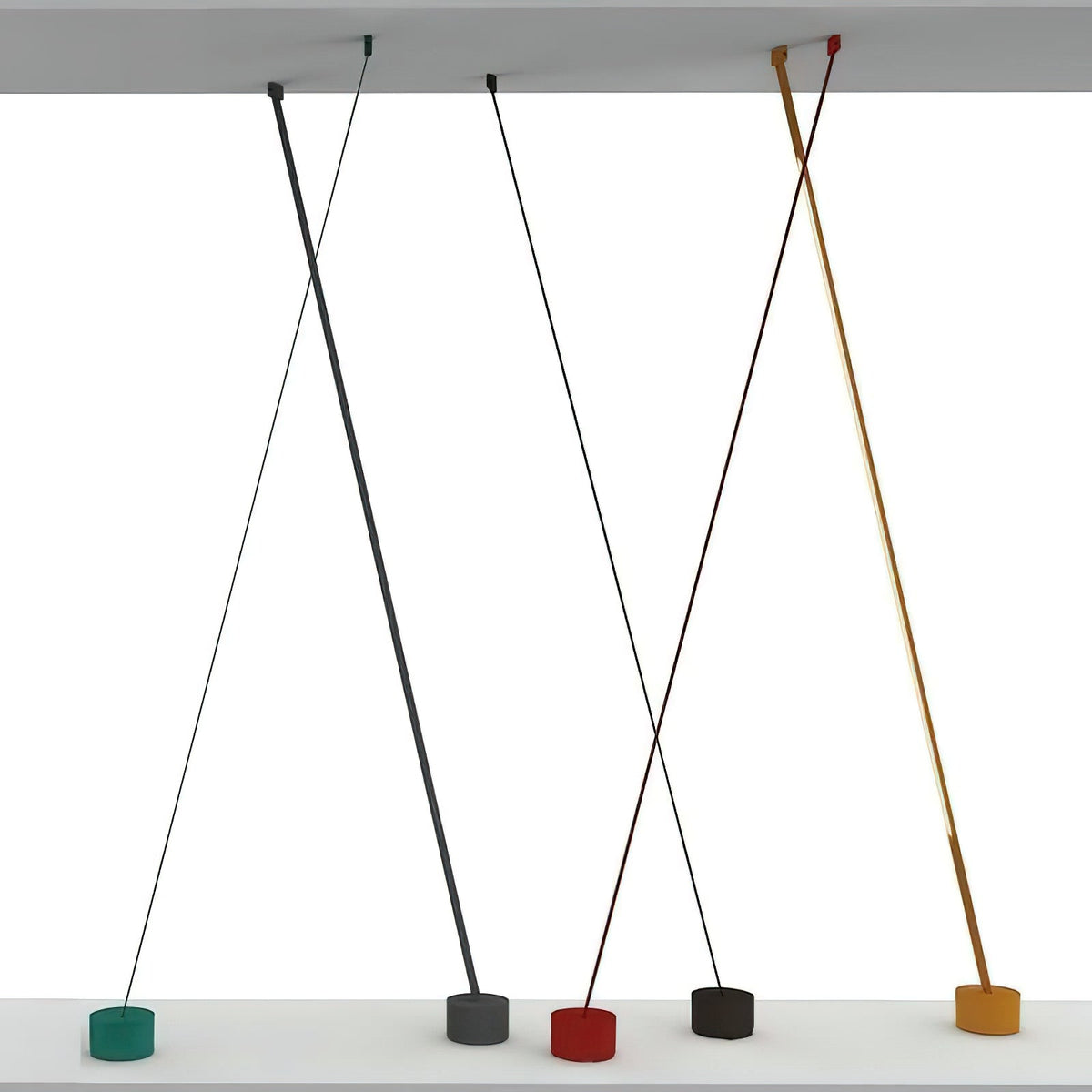 Wider render of this Clérachic floor lamp family, with strips crossing from a ceiling panel to bases in green, black, red and gold.