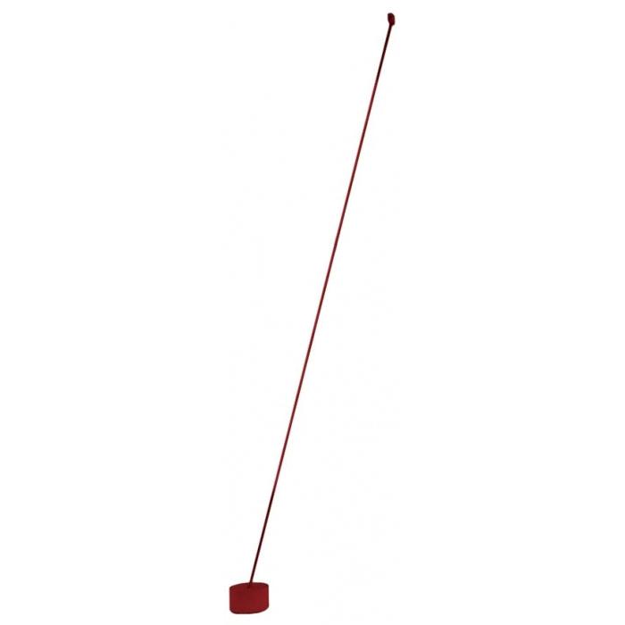 A thin red Clérachic floor lamp strip leans from a small ceiling fixing to a round red base, shown on a plain white backdrop.