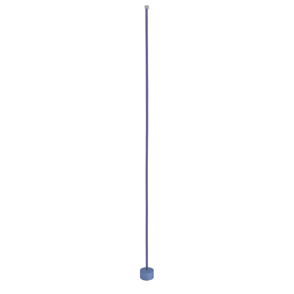 Full-length view of a blue Clérachic floor lamp strip standing nearly vertical on a round blue base, against plain white.