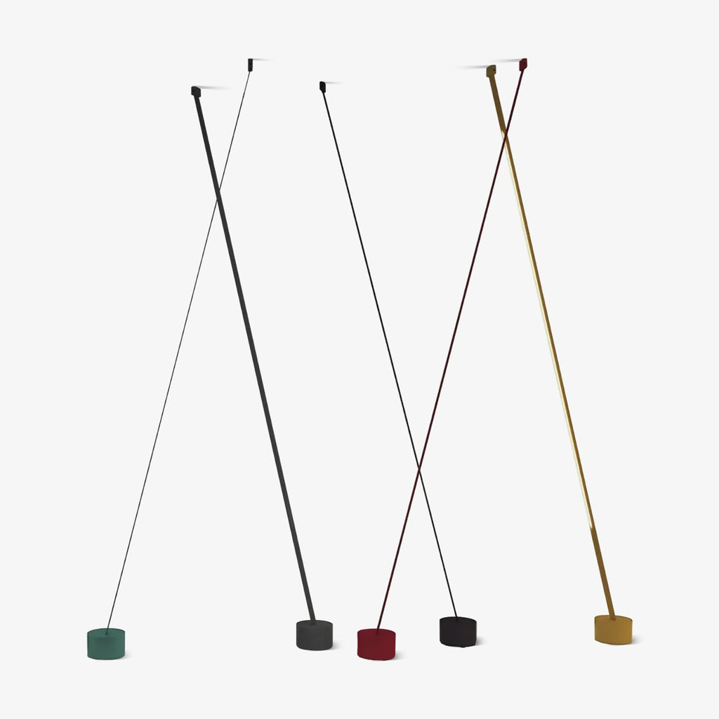 Render of Clérachic floor lamp strips of different widths on a white backdrop, with bases in green, black, red and gold.
