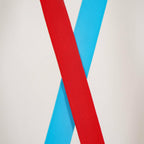 Close view of red and light blue woven webbing strips crossing on a Clérachic floor lamp, against a pale backdrop.