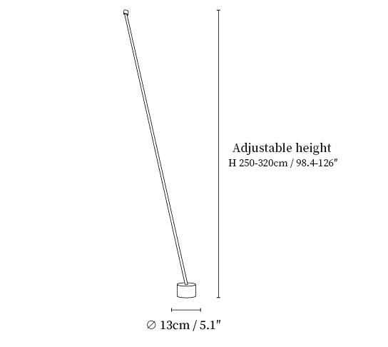 Clérachic floor lamp dimension drawing, every measurement marked in centimetres and inches.