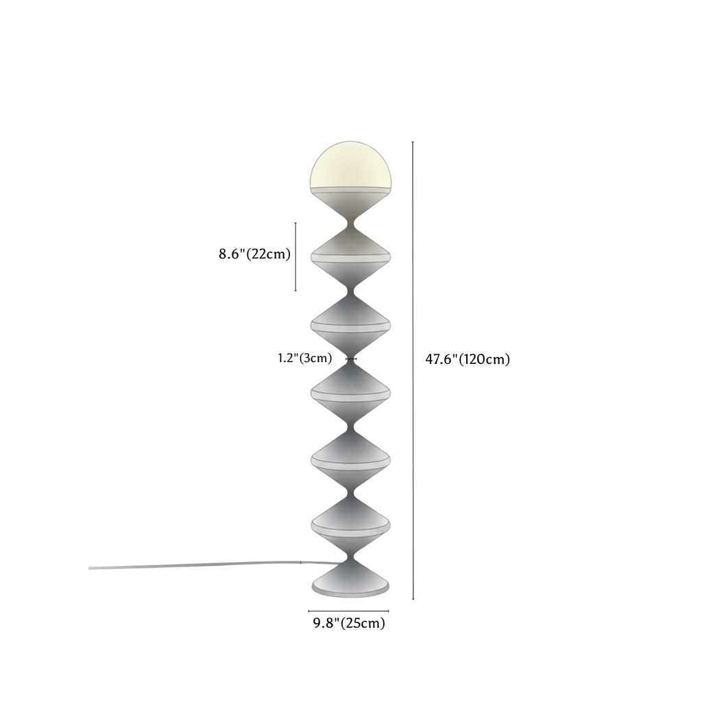 Clérachic floor lamp dimension drawing, 3, every measurement marked in centimetres and inches.