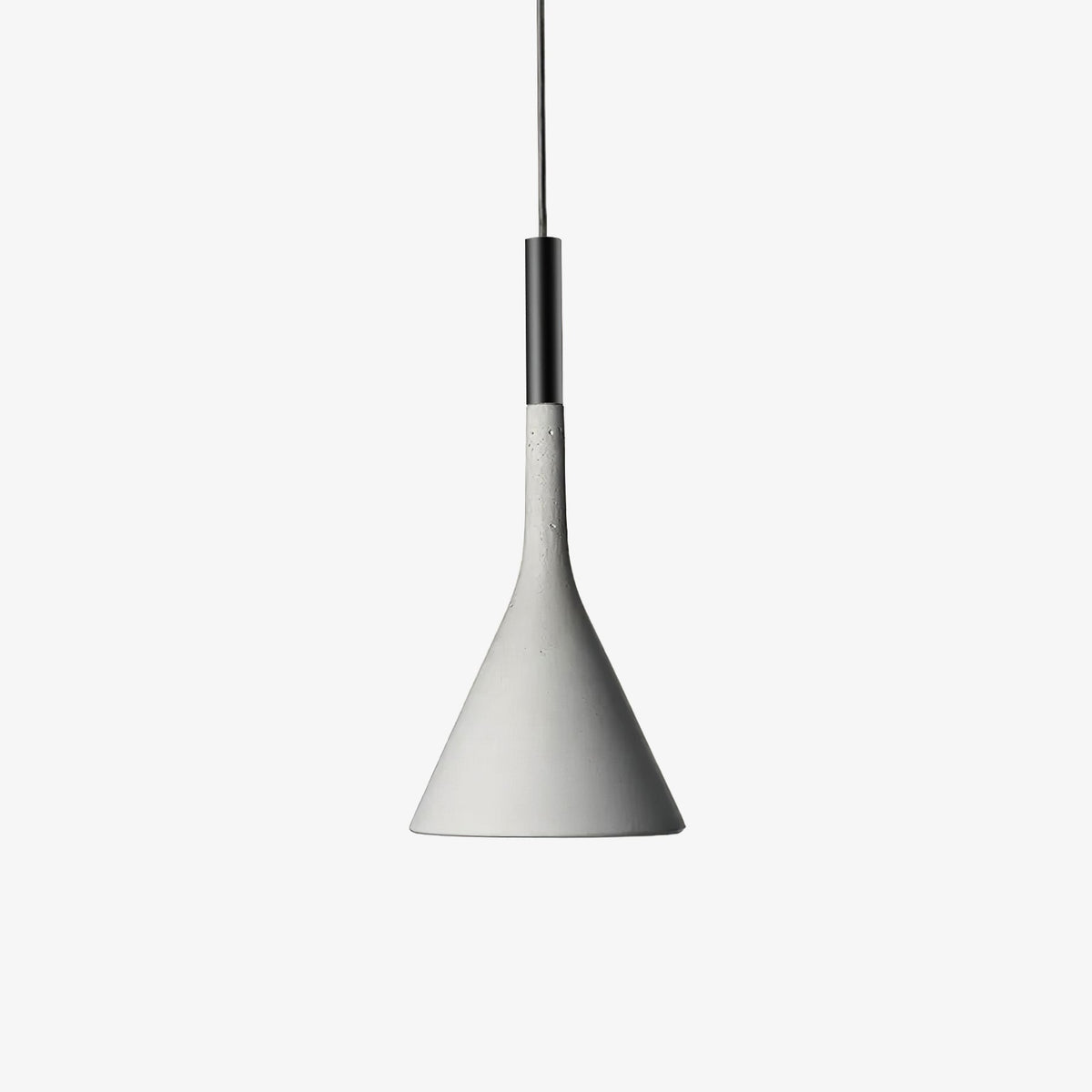 A concrete grey Clérachic pendant with a smooth cone shade and a black cord sleeve, hung on a plain white backdrop.