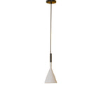 A Clérachic white cone pendant with a black cord sleeve and a brass-coloured ceiling plate, on a plain white backdrop.
