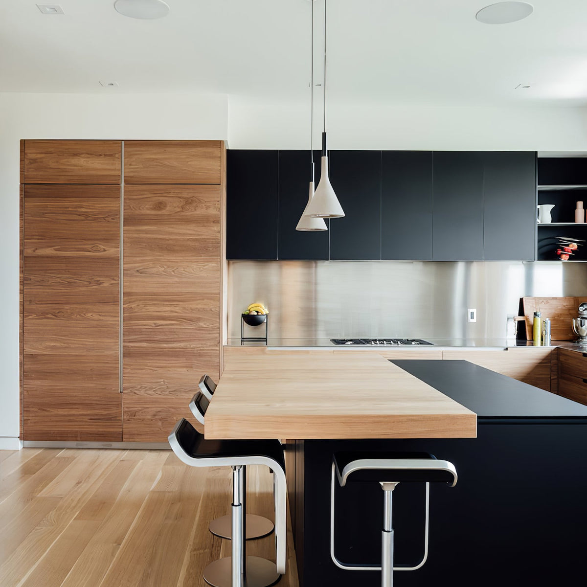 Two light grey Clérachic cone pendants above a kitchen island with a dark worktop, wooden cabinets and a black-faced counter.