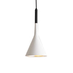 A white concrete Clérachic cone pendant with a black cord sleeve, small pores in the surface and a gold-toned inner shade.