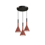 Three red-brown Clérachic cone pendants hung from a round black canopy, with a glimpse of the gold-toned inner shade in each.