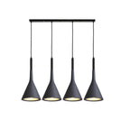 Four black Clérachic cone pendants in a row on a long black bar, each with a warm gold-toned inner shade.