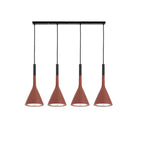 Four red-brown Clérachic cone pendants on a long black bar, each with a black cord sleeve and a gold-toned inner shade.