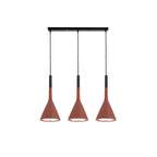 Three red-brown Clérachic cone pendants hung in a row from a black bar, evenly spaced on a white backdrop.