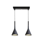 Two black Clérachic cone pendants hung from a short black bar, one slightly lower than the other, on a white backdrop.