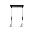 Two white Clérachic cone pendants on a short black bar, with black cord sleeves and pale inner shades, on a white backdrop.