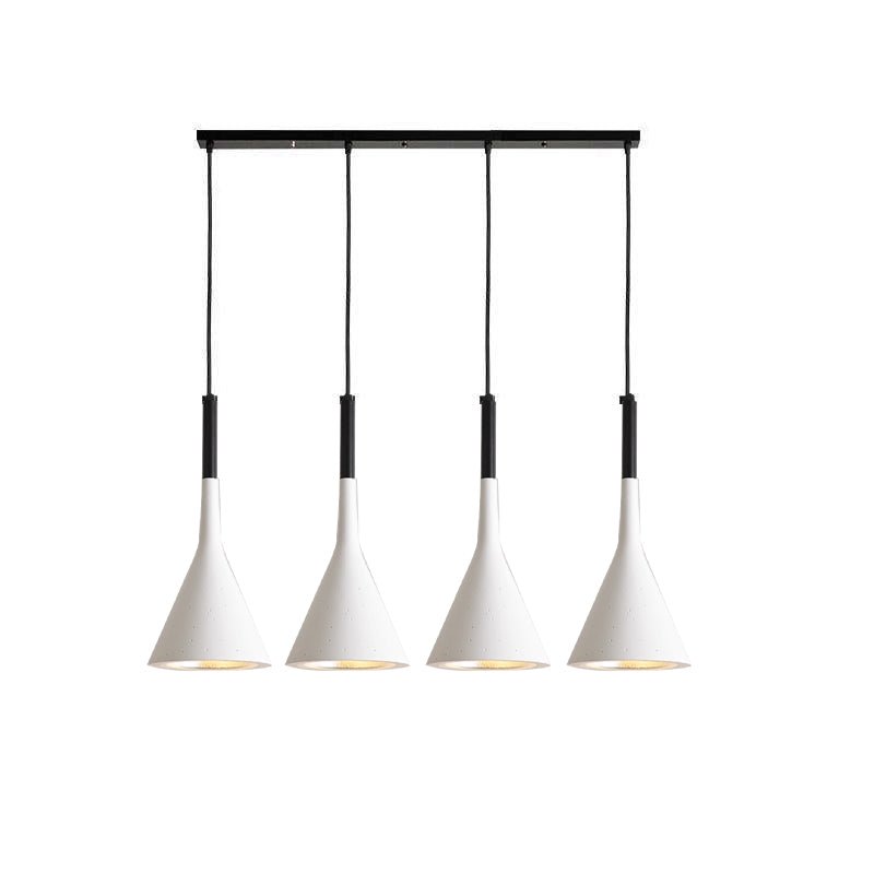 Four white Clérachic cone pendants on a long black bar, each with a black cord sleeve, hanging in an even row on white.