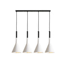 Four white Clérachic cone pendants on a long black bar, each with a black cord sleeve, hanging in an even row on white.
