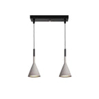 Two concrete grey Clérachic cone pendants hung from a short black bar, with a glimpse of the inner shade under each cone.