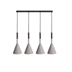 Four concrete grey Clérachic cone pendants in a row on a long black bar, each with a black cord sleeve, on a white backdrop.
