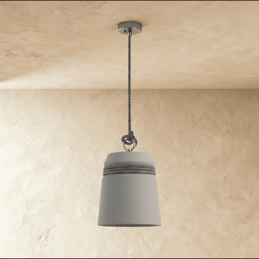Clérachic grey concrete bucket pendant with a black-and-white braided cord wrapped around its shoulder, against warm plaster.