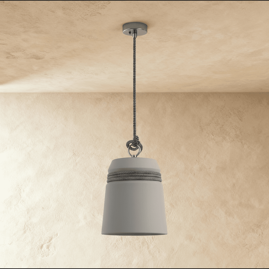 Clérachic grey concrete bucket pendant with a black-and-white braided cord wrapped around its shoulder, against warm plaster.