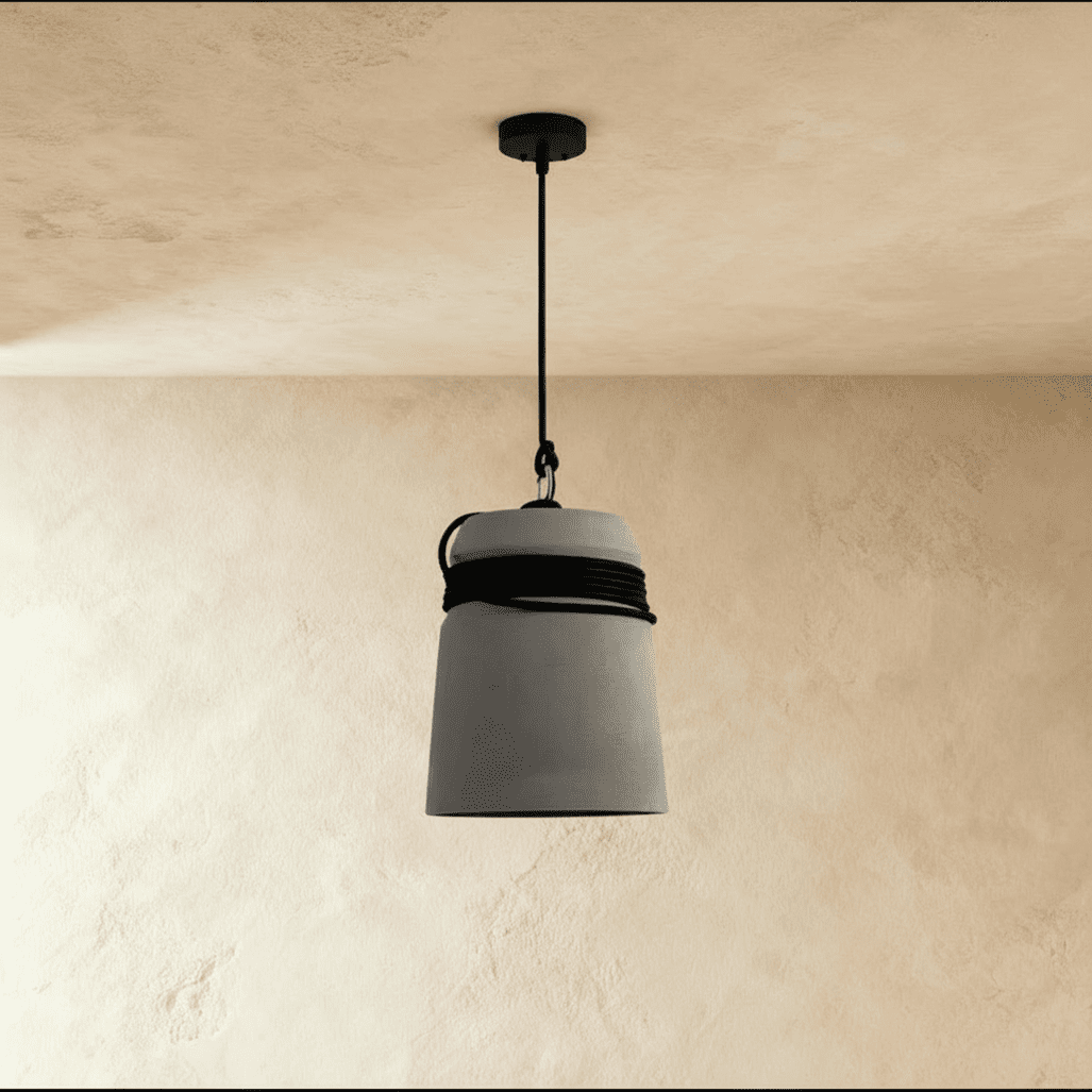 Clérachic concrete bucket pendant in matte grey with a black cord wrap, hung from a slim black rod below a black ceiling plate.
