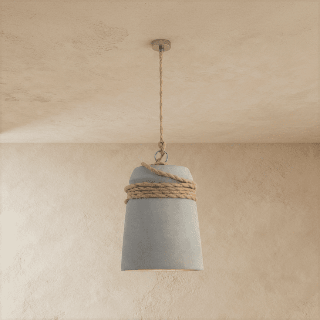Clérachic grey concrete bucket pendant with natural hemp rope wrapped around its top and a twisted rope drop from the ceiling.
