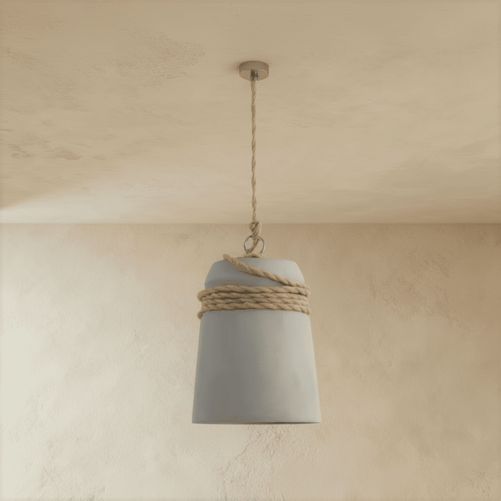 Clérachic pale grey concrete bucket pendant wrapped in twisted hemp rope, hanging on a rope drop against warm plaster.