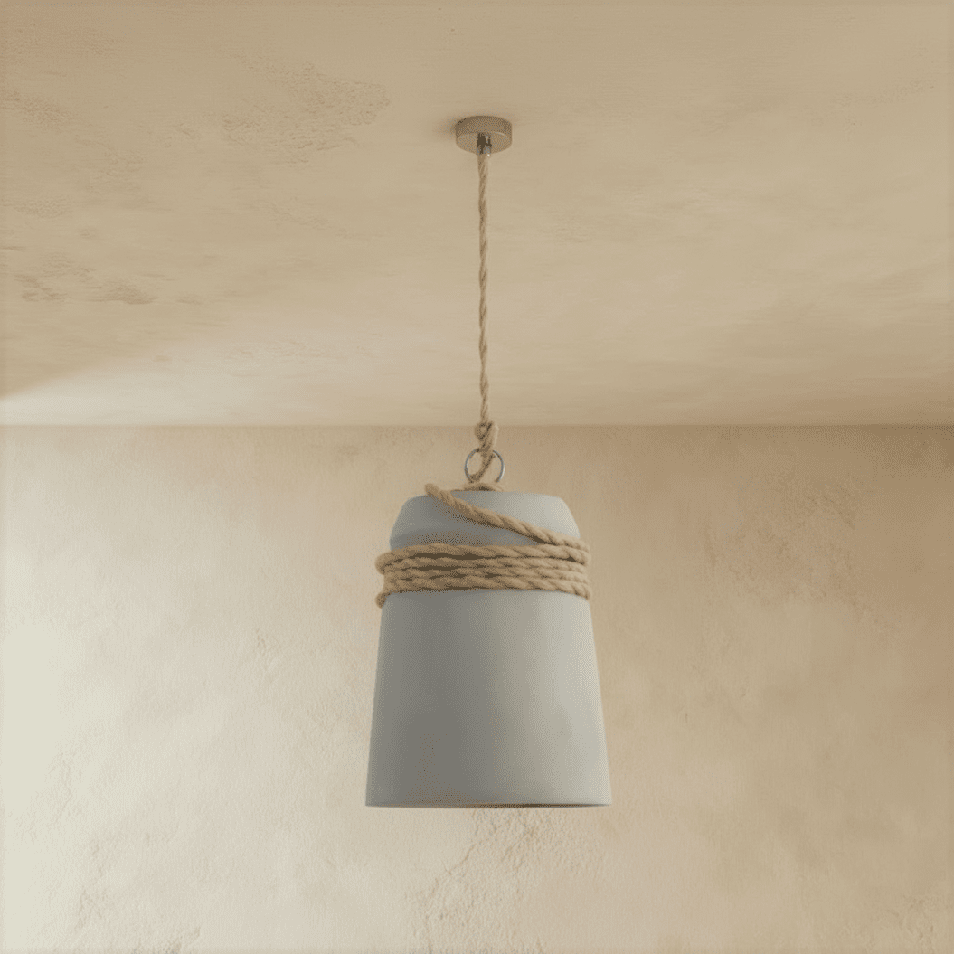 Clérachic pale grey concrete bucket pendant wrapped in twisted hemp rope, hanging on a rope drop against warm plaster.