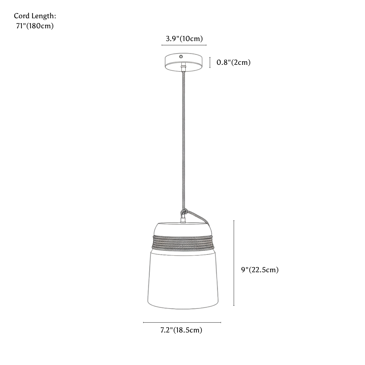 Clérachic pendant light dimension drawing, every measurement marked in centimetres and inches.