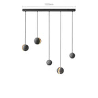 Product view of five Clérachic pendants on a long black bar canopy, with the bar length marked above.