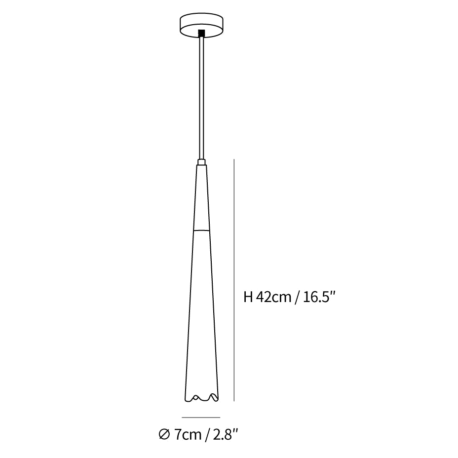 Dimension drawing of this Clérachic pendant in its long, narrow size, with its height and width marked.