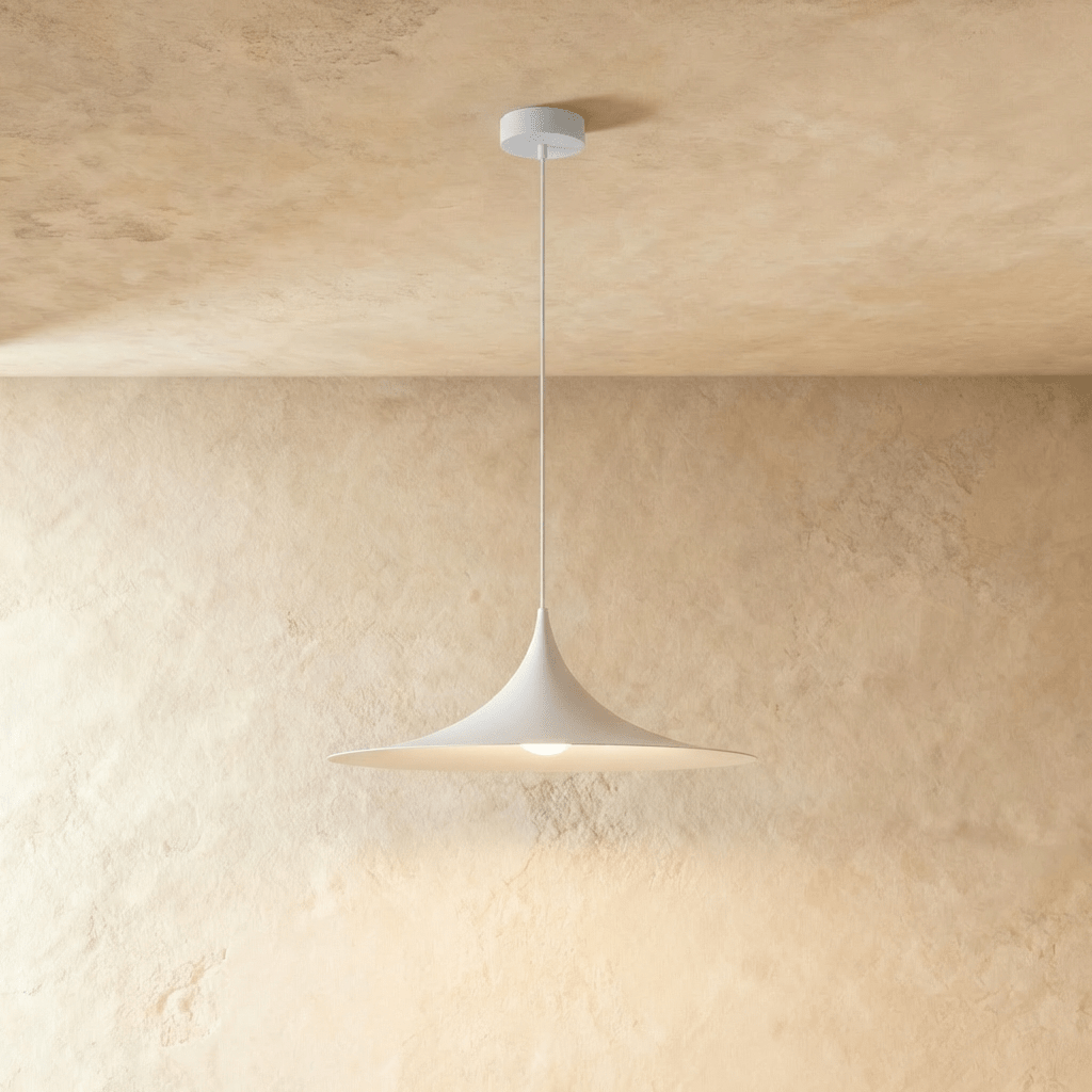 Clérachic pendant light in white, lit and hanging in front of a warm plaster wall, its wide brim glowing from within.