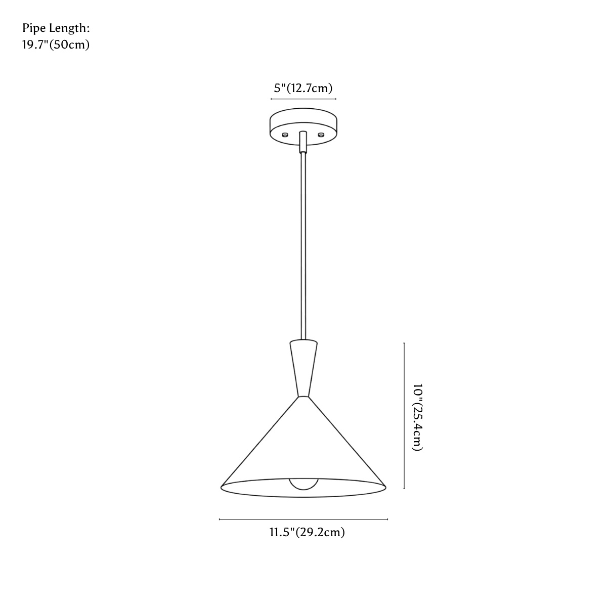 Clérachic pendant light dimension drawing, every measurement marked in centimetres and inches.