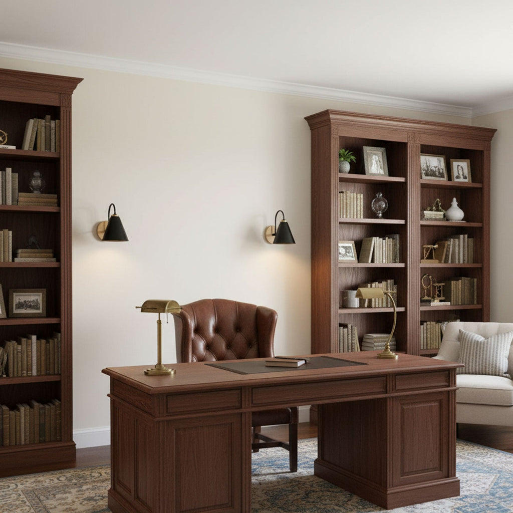 Two black Clérachic wall lights flank bookcases in a study, with a dark wood desk and a brass desk lamp below.