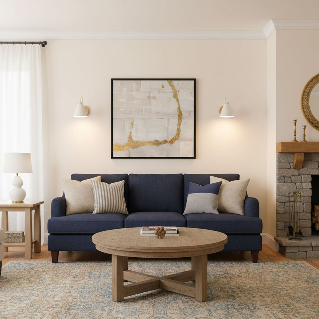 Two small white Clérachic wall lights on either side of a gold-and-white painting above a navy sofa and round wooden coffee table.