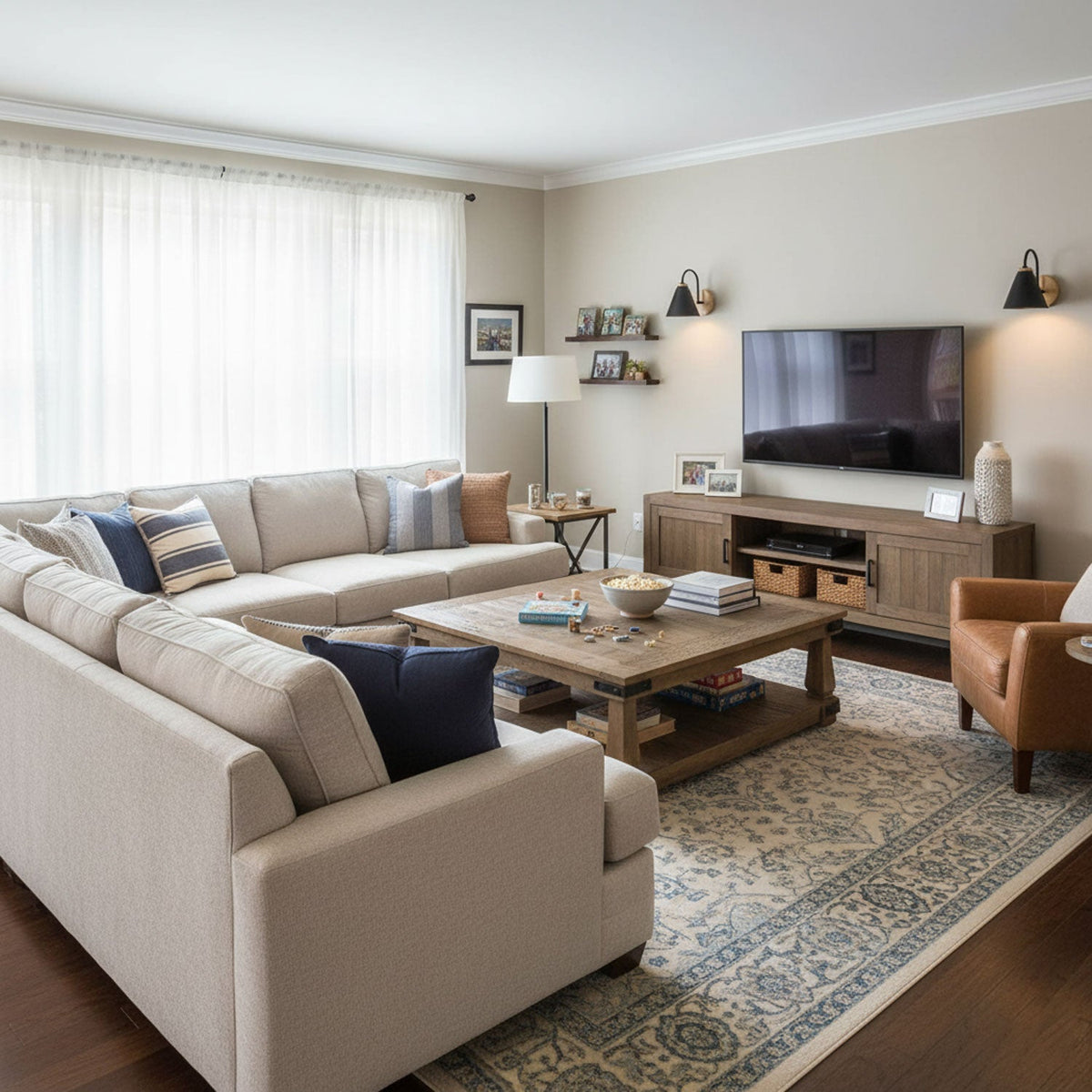 Pair of black Clérachic wall lights at either end of a living-room wall above a television, with a cream sectional sofa below.