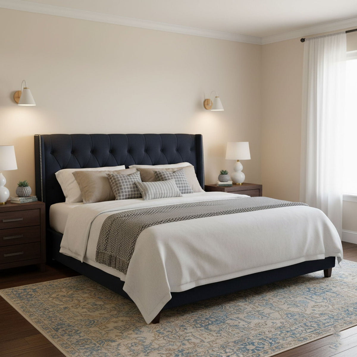 Two white Clérachic wall lights above a bed with a navy tufted headboard, with matching bedside lamps and white bedding.