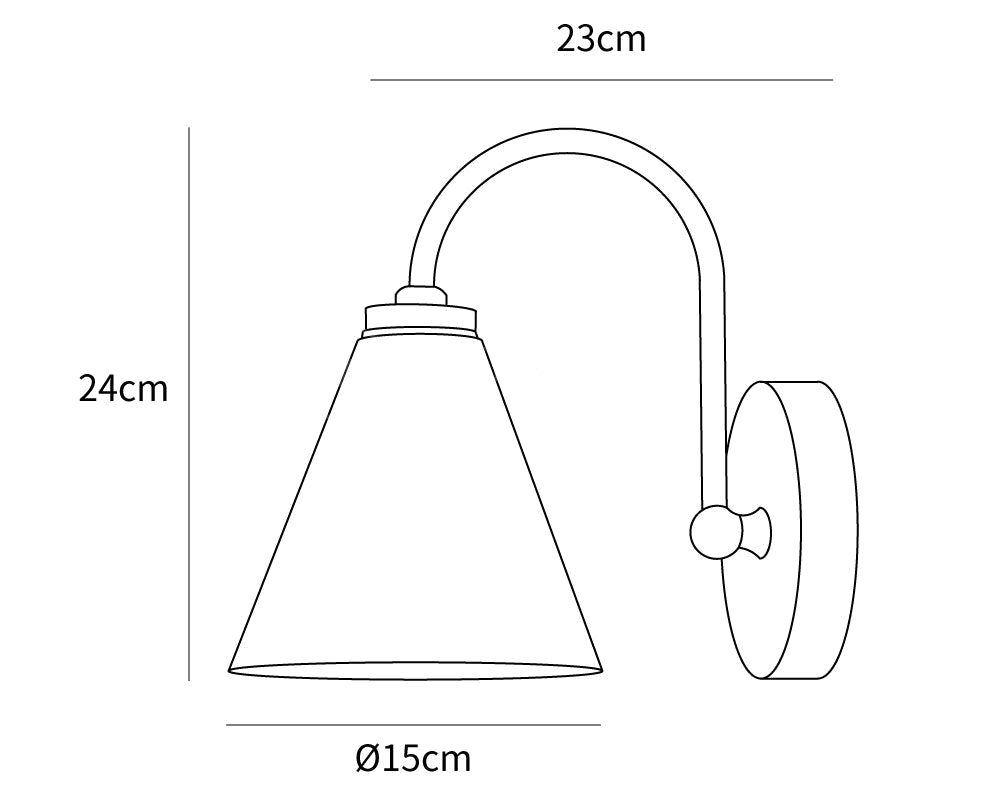 Dimension drawing of this Clérachic wall light, with its 24 cm height, 23 cm projection and 15 cm shade diameter marked.
