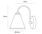 Dimension drawing of this Clérachic wall light, with its 24 cm height, 23 cm projection and 15 cm shade diameter marked.