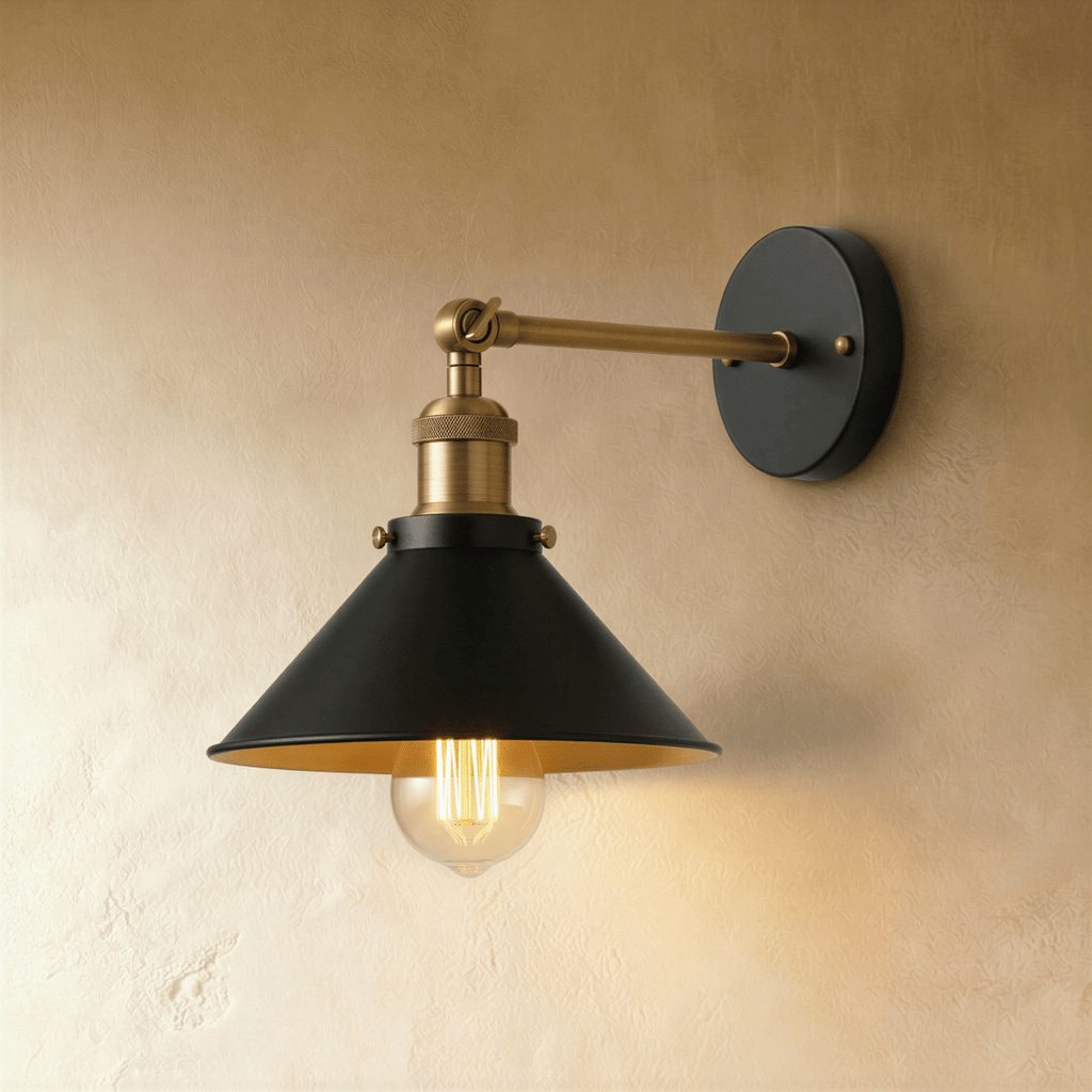 Clérachic wall lamp with a wide black cone shade, brass-toned arm and fittings and a round black backplate, lit by a filament bulb.
