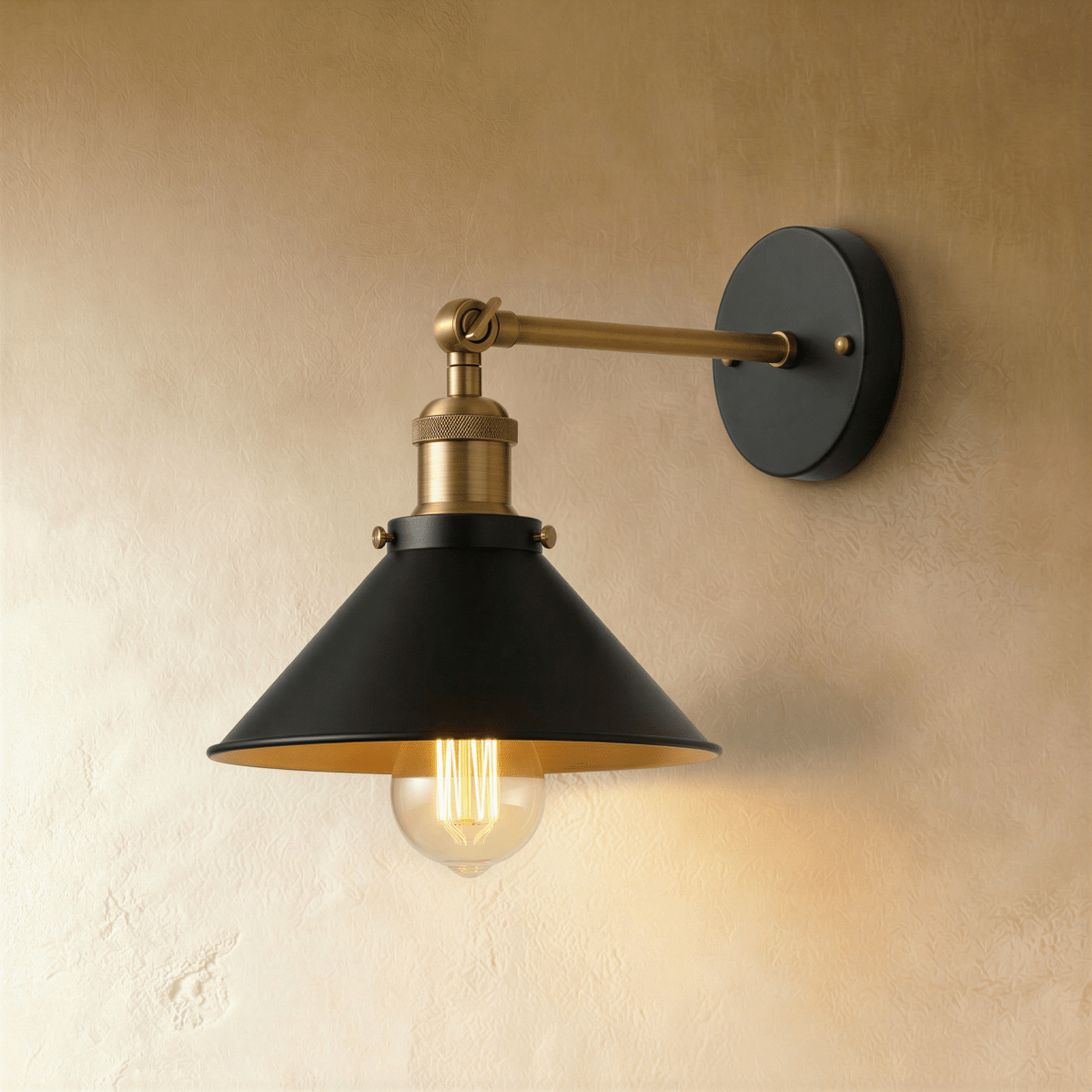 Clérachic wall lamp with a wide black cone shade, brass-toned arm and fittings and a round black backplate, lit by a filament bulb.