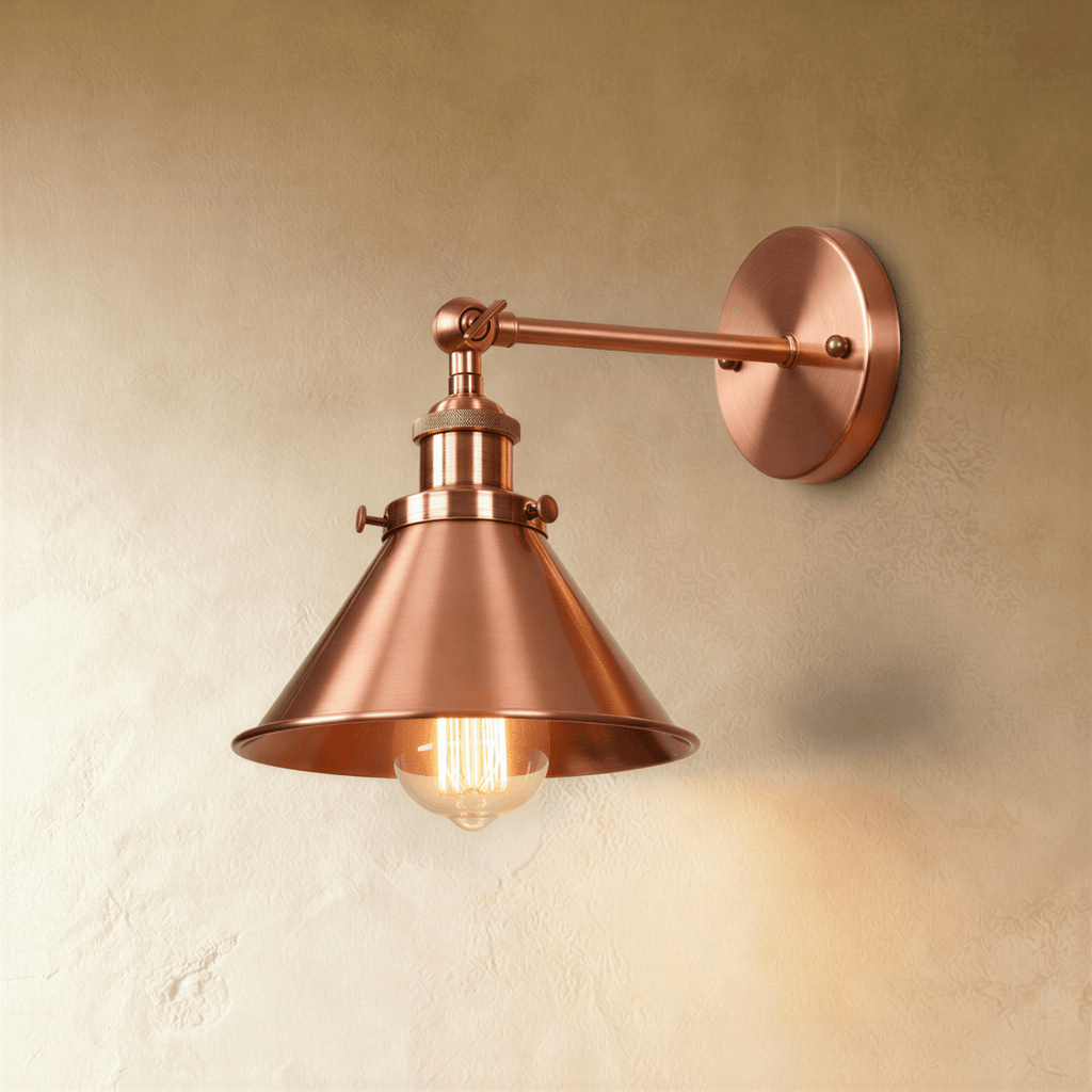 Clérachic wall lamp in a rosy copper finish with a wide cone shade, jointed arm and round backplate, lit by a filament bulb.