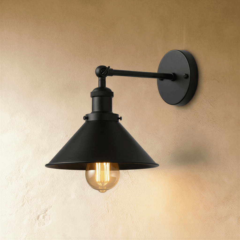Clérachic all-black wall lamp with a wide cone shade, jointed arm and round backplate, lit by a warm filament bulb.