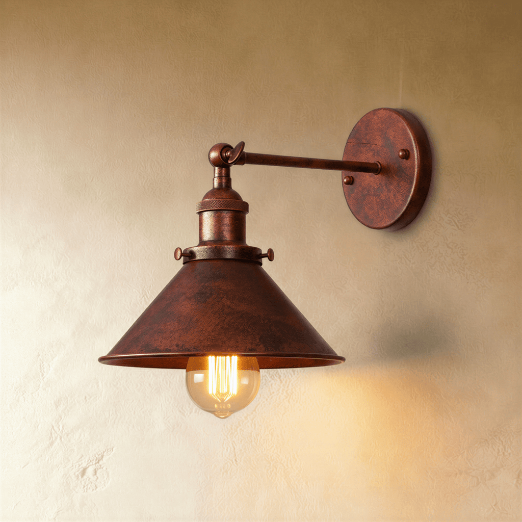 Clérachic wall lamp in a mottled rust-brown aged finish with a wide cone shade and jointed arm, lit by a filament bulb.
