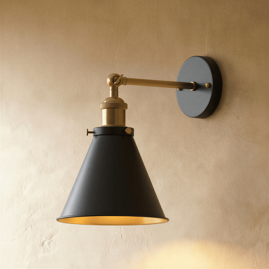 Clérachic wall lamp with a narrow black cone shade, gold interior, brass-toned arm and round black backplate on a plaster wall.