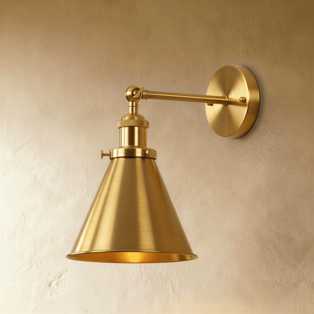 Clérachic wall lamp in bright brushed gold with a narrow cone shade, jointed arm and round backplate on a plaster wall.