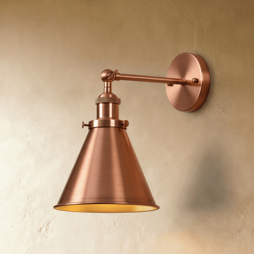 Clérachic wall lamp in a rose copper finish with a narrow cone shade and a glowing gold-toned interior on a plaster wall.