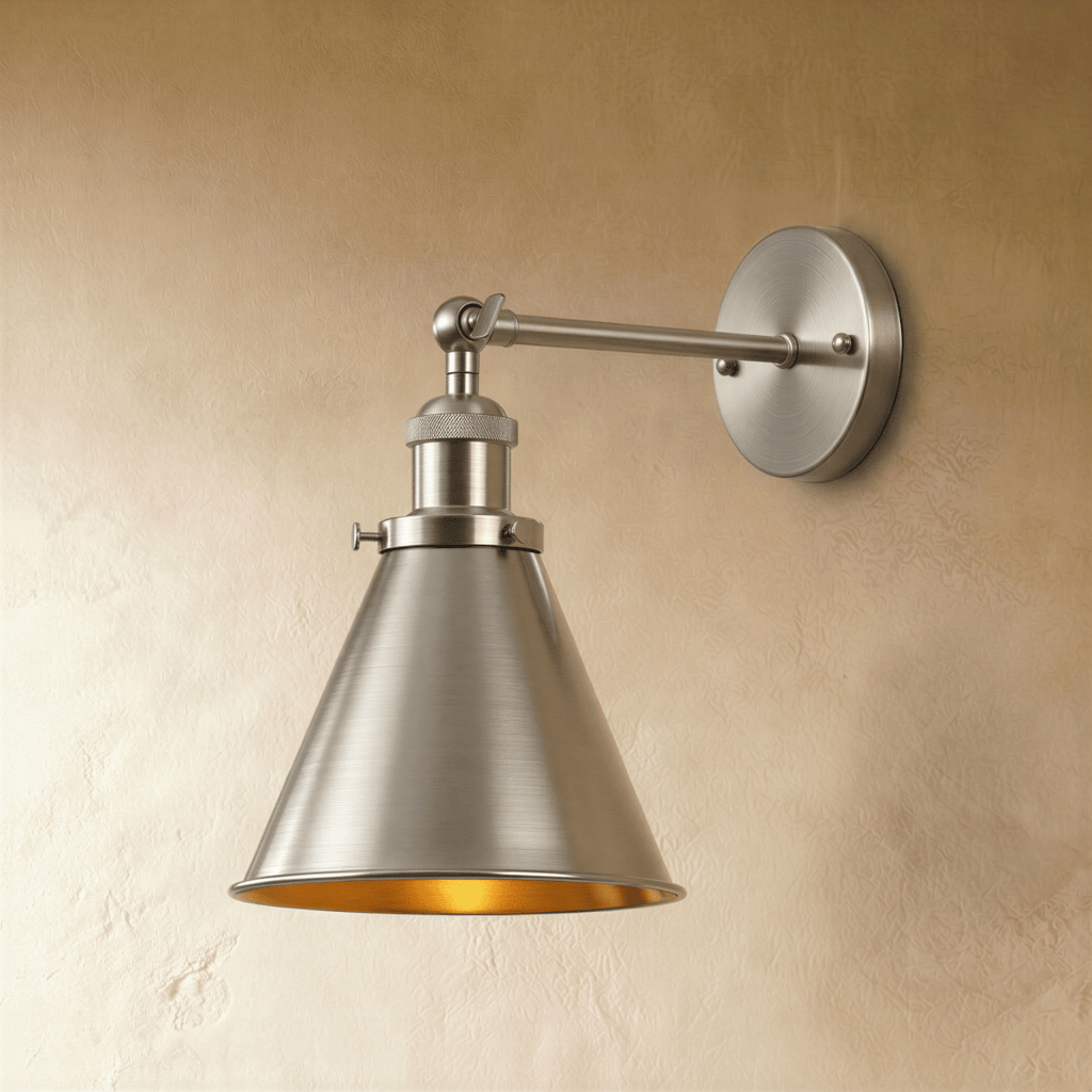 Clérachic wall lamp in brushed nickel with a narrow cone shade, a gold-toned inner surface and a round backplate.