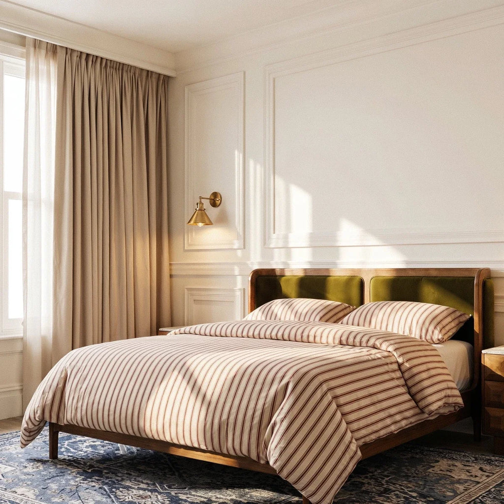 Clérachic brass-finish wall lamp with a wide cone shade glowing beside a panelled wall above a striped-linen bed.
