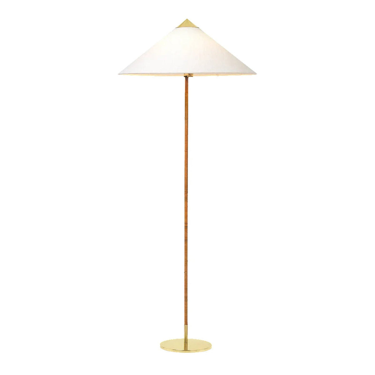 Slim-stemmed Clérachic floor lamp with a white cone shade and a flat round brass base, shown on a plain white backdrop.